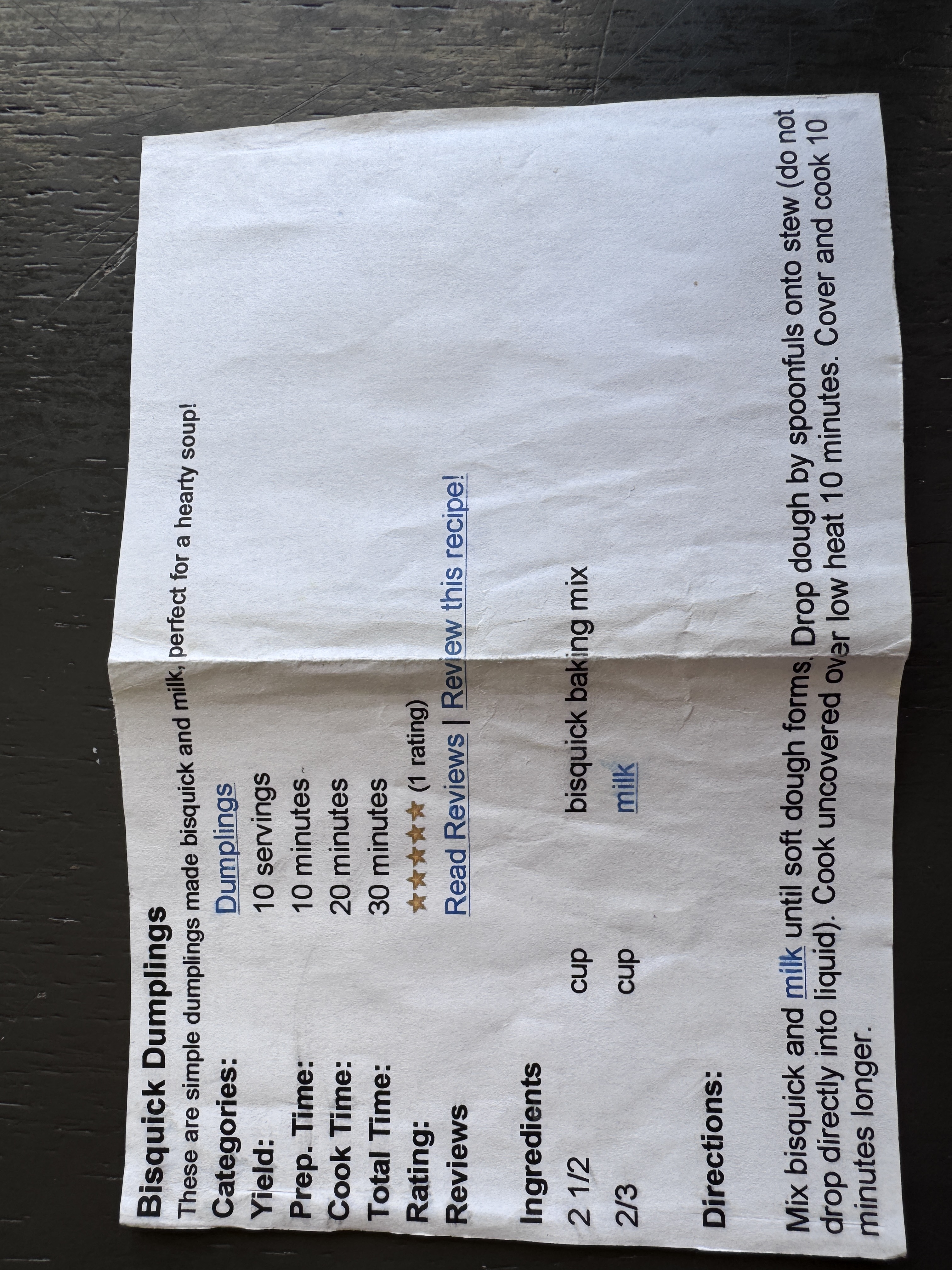 Recipe card preview for Bisquick Dumplings