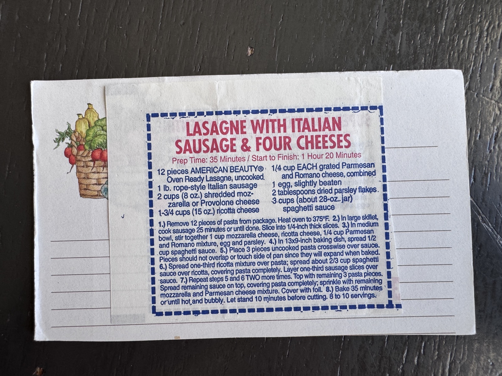 Recipe card preview for Lasagne with Italian Sausage & Four Cheeses