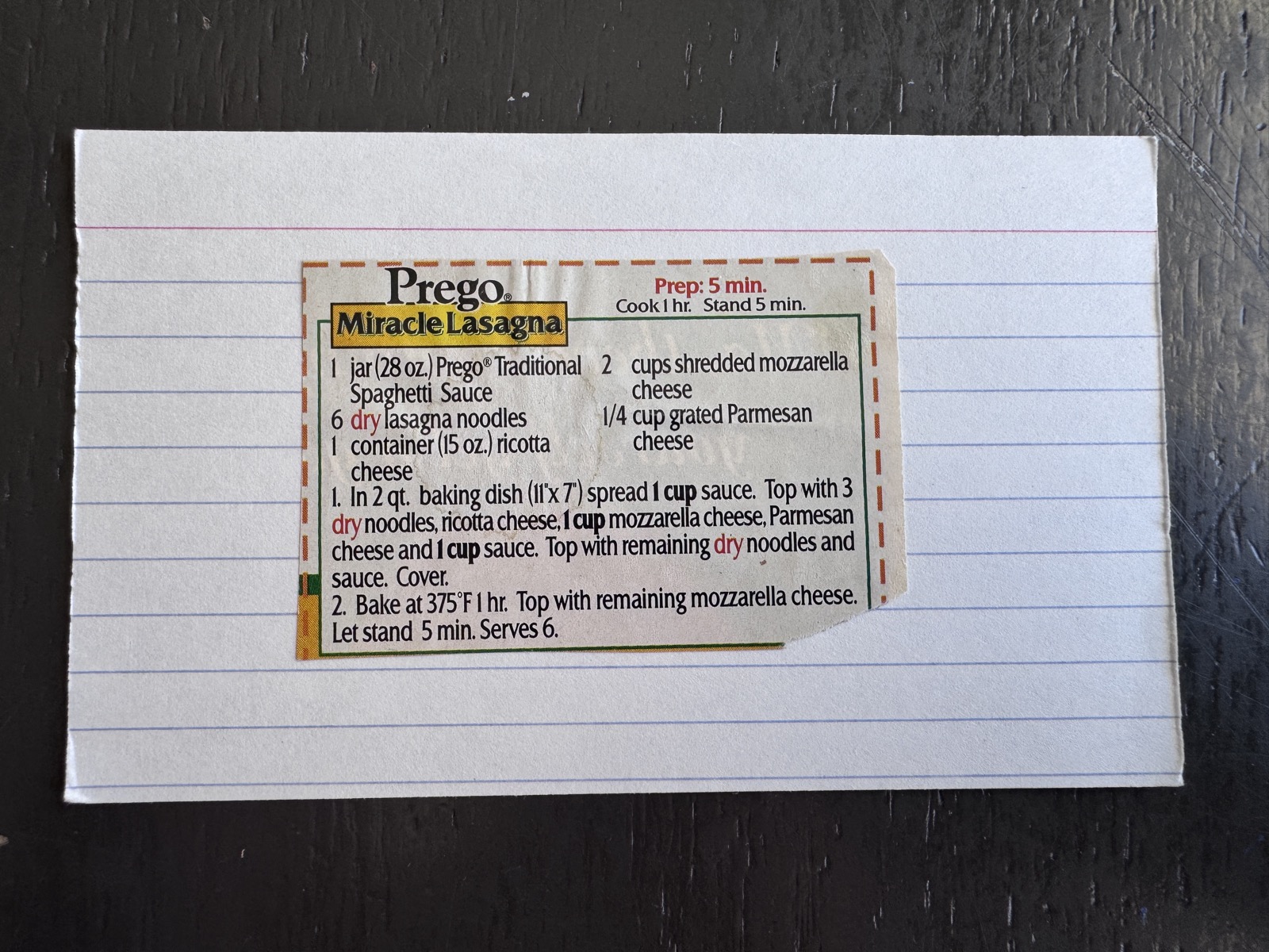 Recipe card preview for Prego Miracle Lasagna